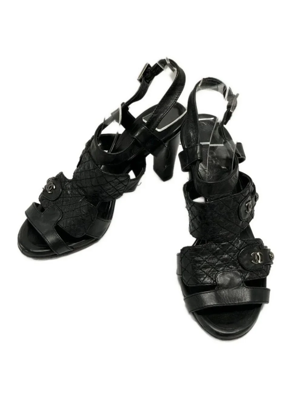 ★SOLD★ Chanel Sandals 36 Quilted Black Silver Leather - Picture 2 of 9